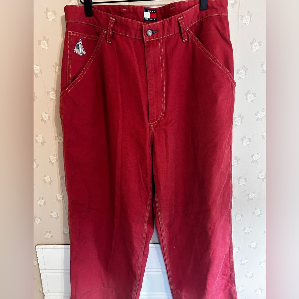 Tommy Hilfiger Red Denim Pants with Contrast Stitching Vintage Size 32/30 Y2K